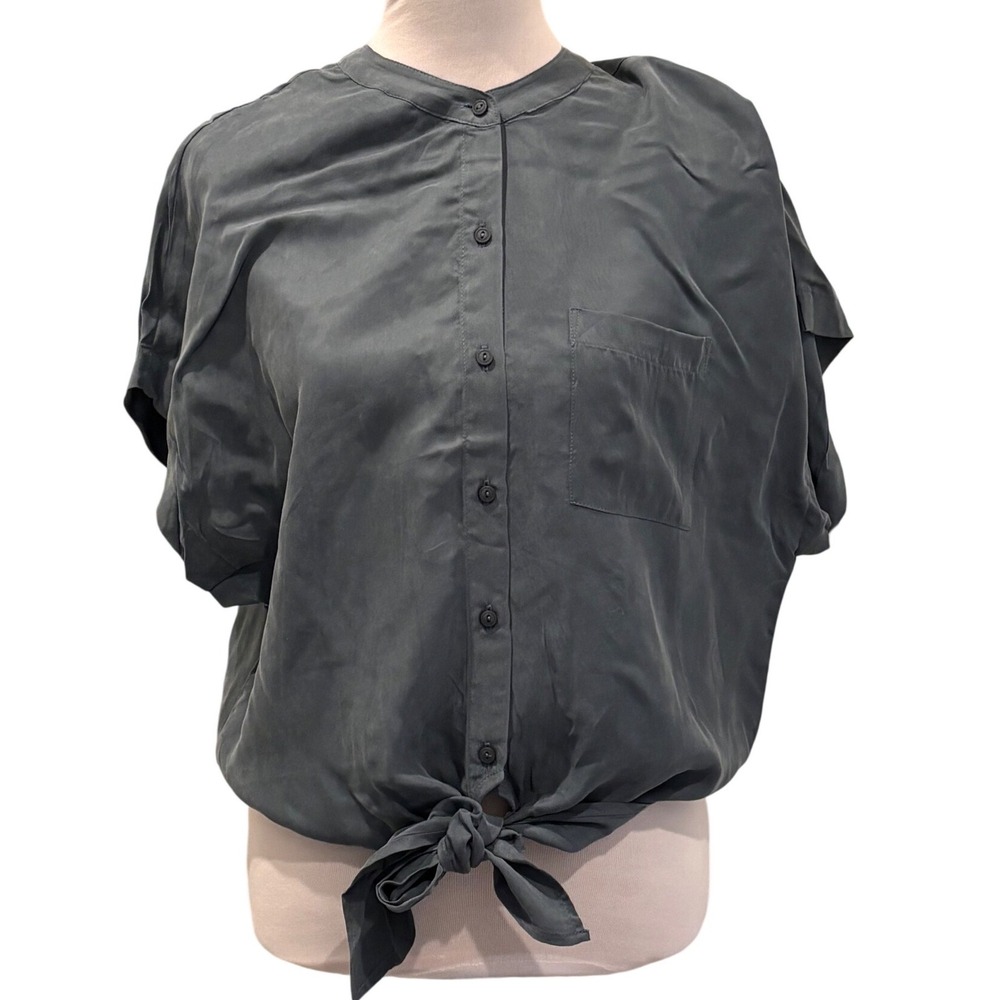 Lovestitch Button Down Blouse WMN M Blue Cupro Tencel Tie Front Band Collar